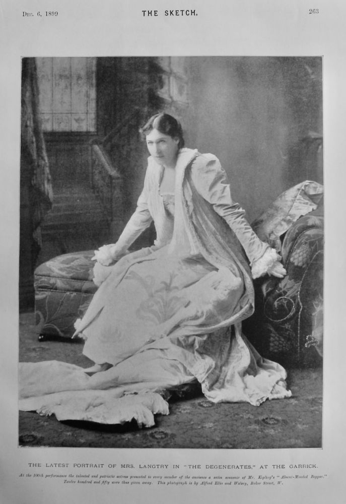 The Latest Portrait of Mrs. Langtry in "The Degenerates," at the Garrick Theatre.  1899.