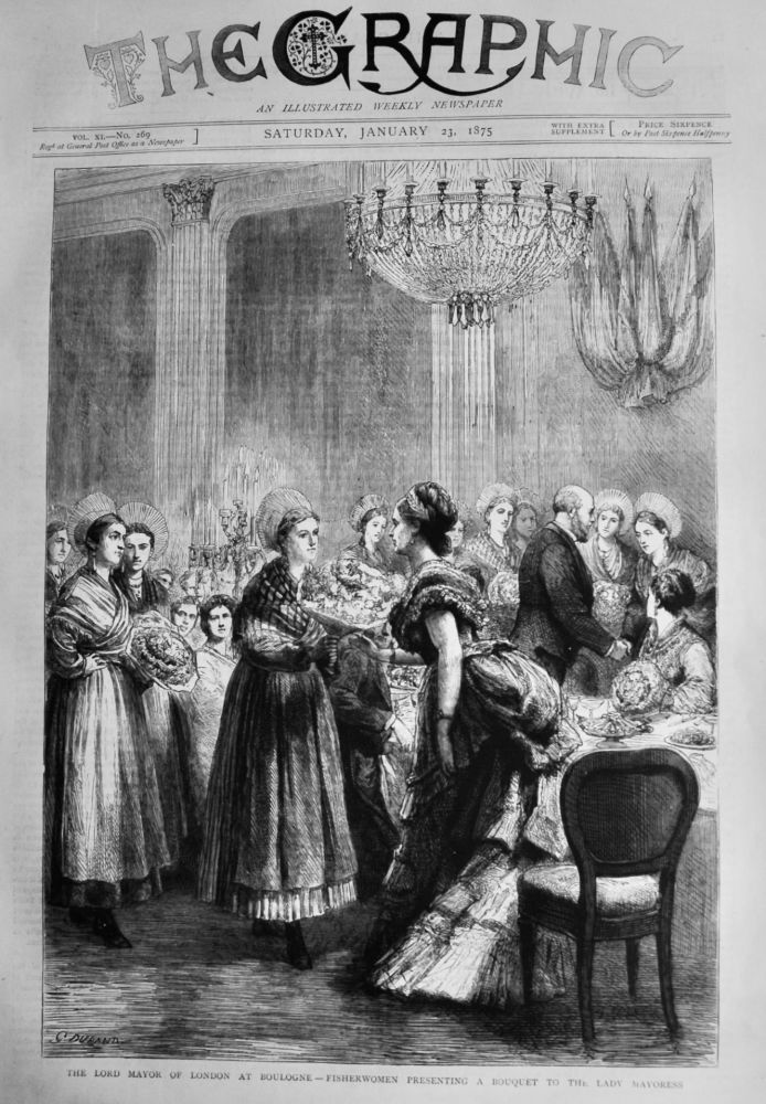 The Lord Mayor of London at Boulogne - Fisherwoman Presenting a Bouquet to the Lady Mayoress.  1875.