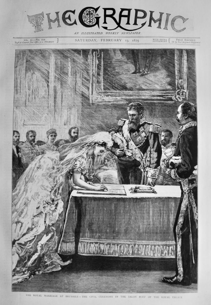 The Royal Marriage at Brussels - The Civil ceremony in the Salon Bleu of the Royal Palace.  1875.