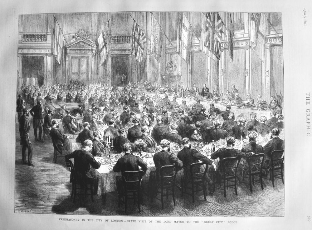 Freemasonry in the City of London - State Visit of the Lord Mayor to the "Great City" Lodge.  1875.