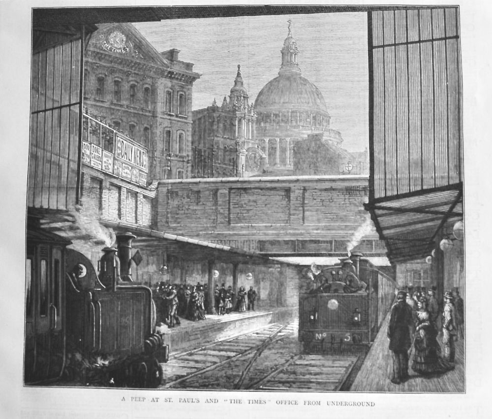 A Peep at St. Paul's and "The Times" Office from Underground.  1875.