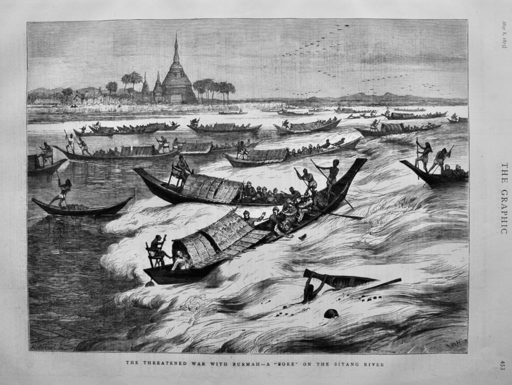 The Threatened War with Burmah - A "Bore" on the Sitang River.  1875.