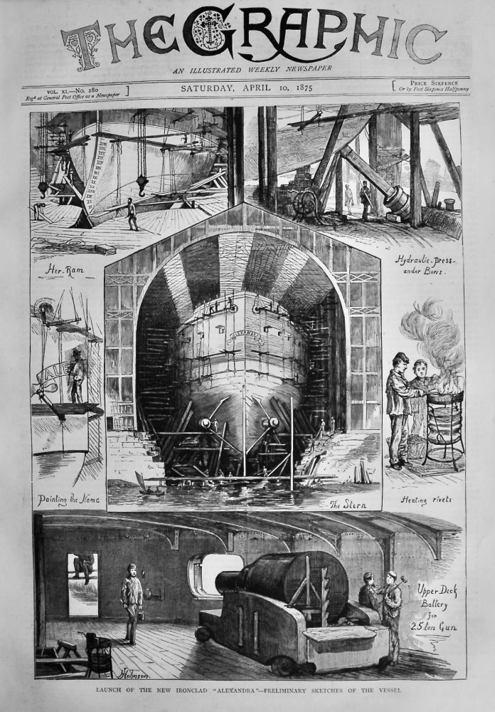 Launch of the New Ironclad "Alexandra" - Preliminary Sketches of the Vessel.  1875.