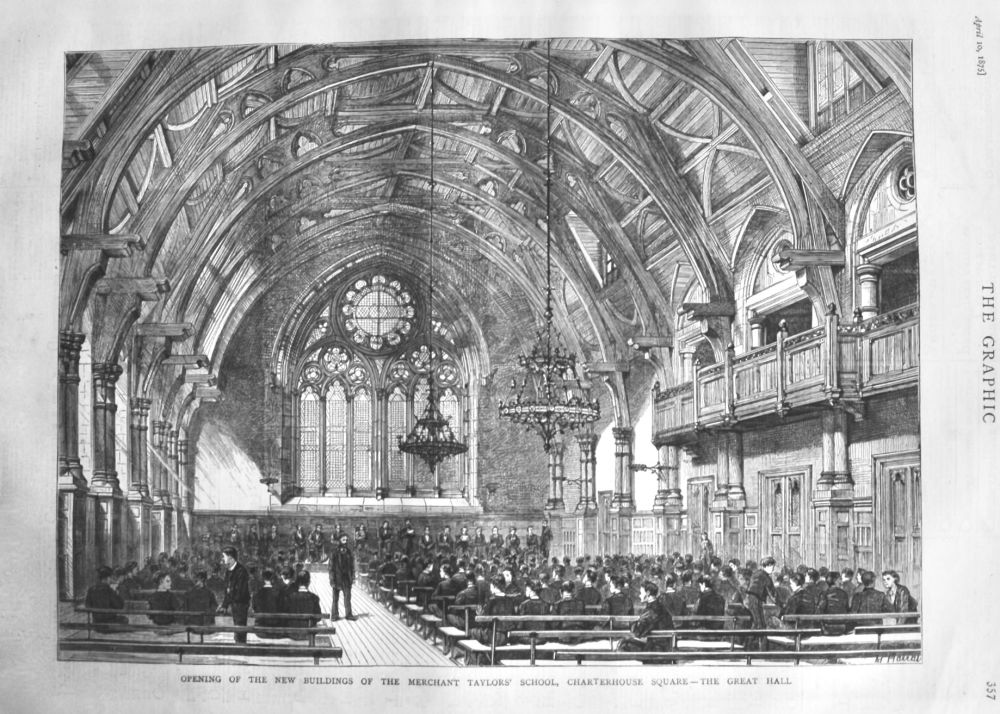 Opening of the New Buildings of the Merchant Taylors' School,  Charterhouse Square - The Great Hall.  1875.