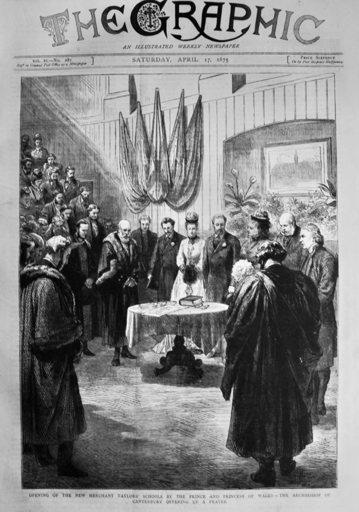 Opening of the New Merchant Taylor's Schools by the Prince and Princess of Wales - The Archbishop of Canterbury Offering up a Prayer.  1875.