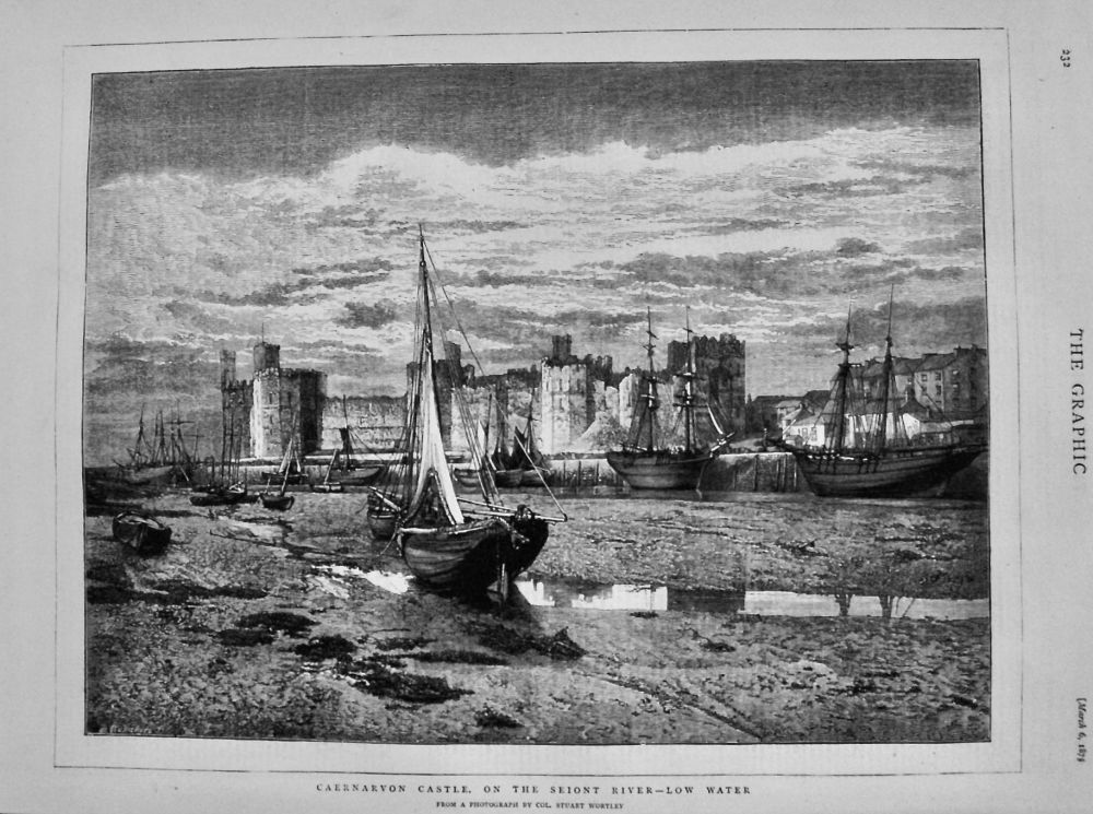 Caernarvon Castle, on the Seiont River - Low Water.  1875.