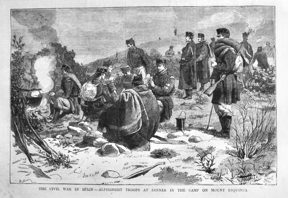 The Civil War in Spain - Alphonsist Troops at Dinner in the Camp on Mount Esquinza.  1875.