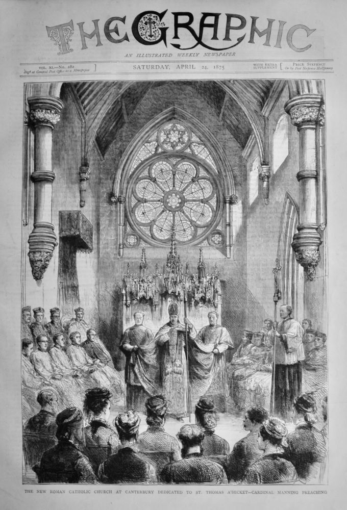 The New Roman Catholic Church at Canterbury Dedicated to St. Thomas A'Becket- Cardinal Manning Preaching.  1875.