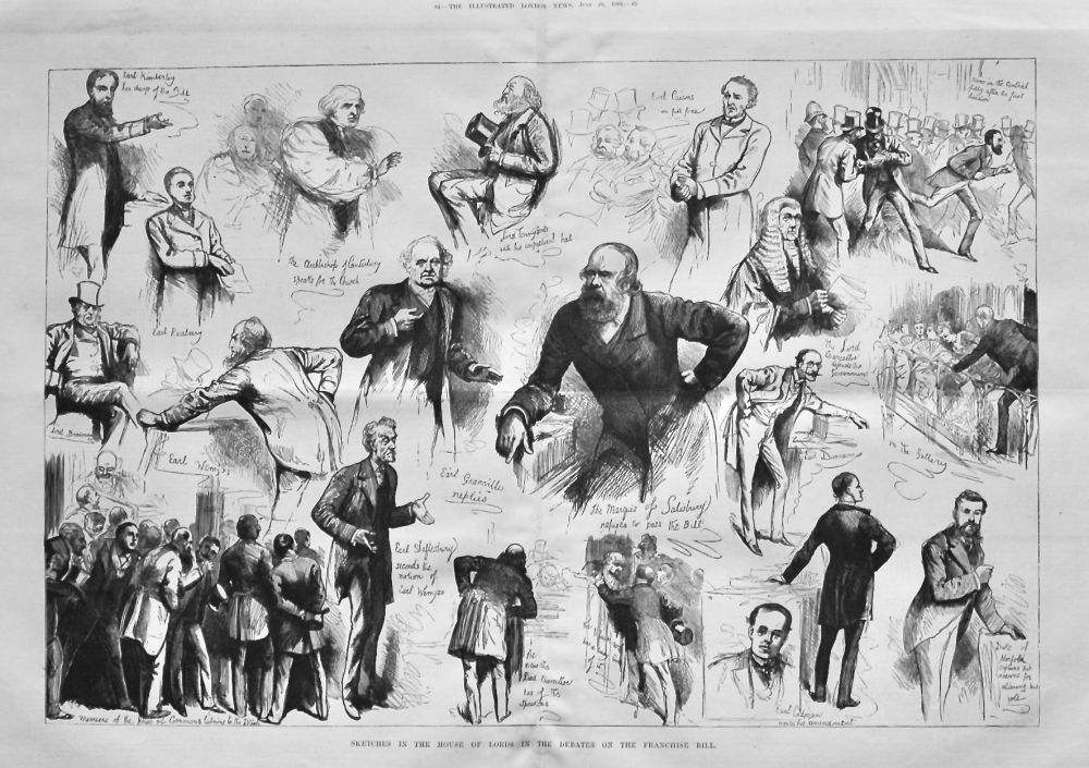 Sketches in the House of Lords in the Debates on the Franchise Bill.  1884.
