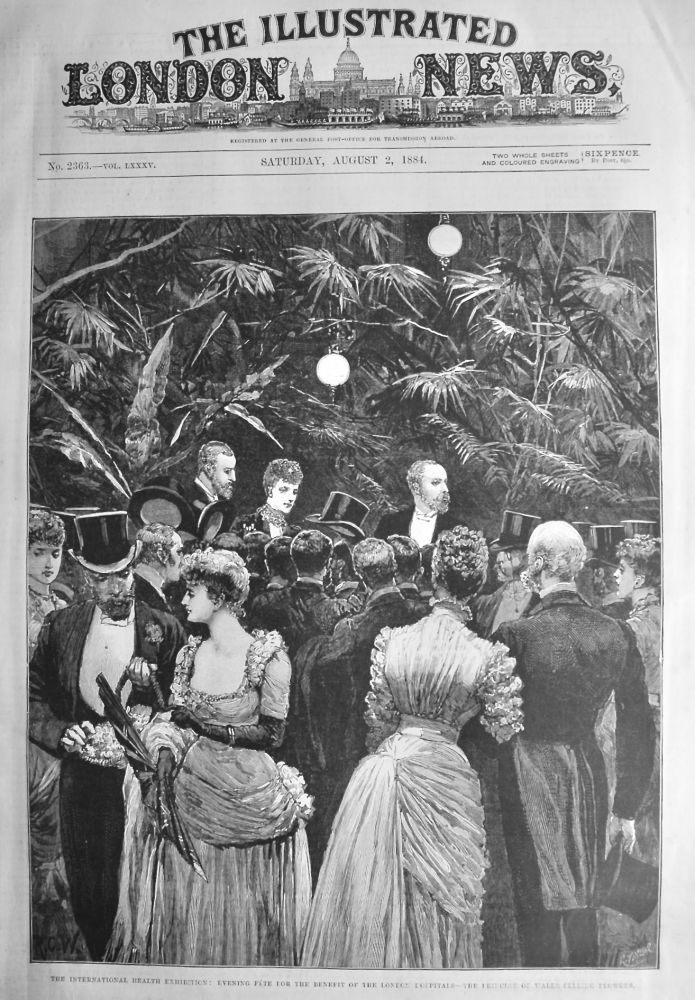 The International Health Exhibition :  Evening Fete for the Benefit of the London Hospitals - The Princess of Wales selling Flowers.  1884.
