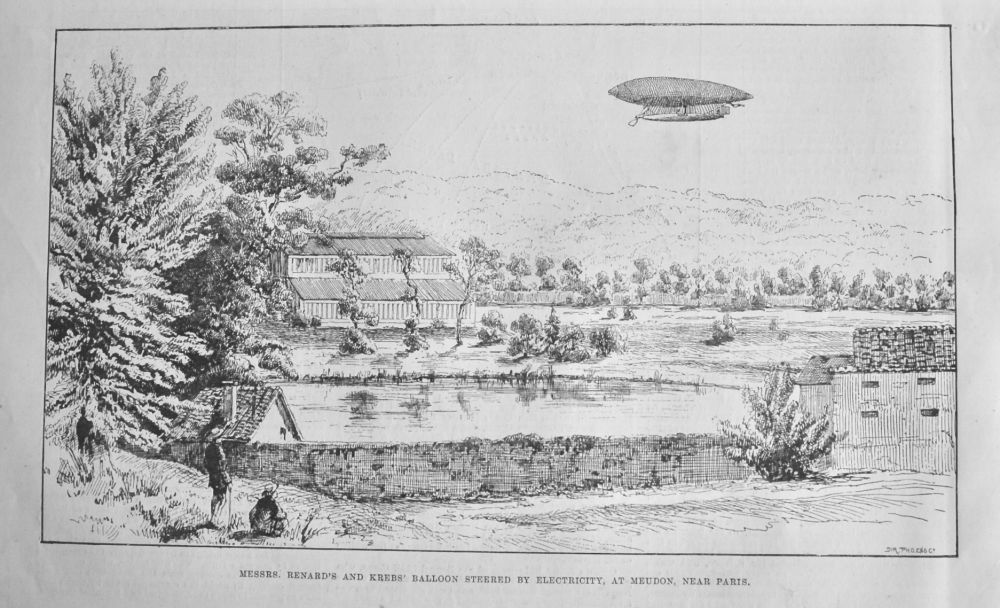 Messrs. Renard's and Krebs' Balloon Steered by Electricity, at Meudon, near Paris.  1884.