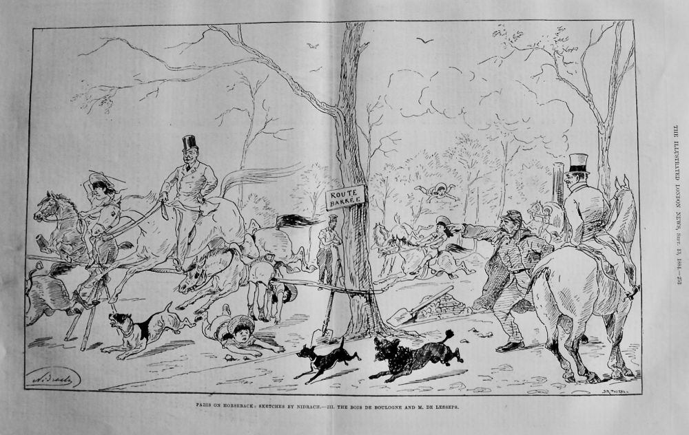 Paris on Horseback : Sketches by Nidrach.- III. The Bois De Boulogne and M. De Lesseps.  1884.