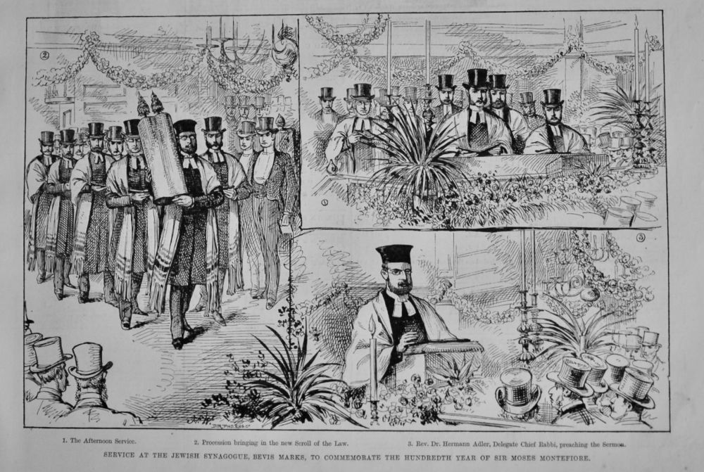 Service at the Jewish Synagogue, Bevis Marks, to commemorate the Hundredth Year of Sir Moses Montefiore.  1884.