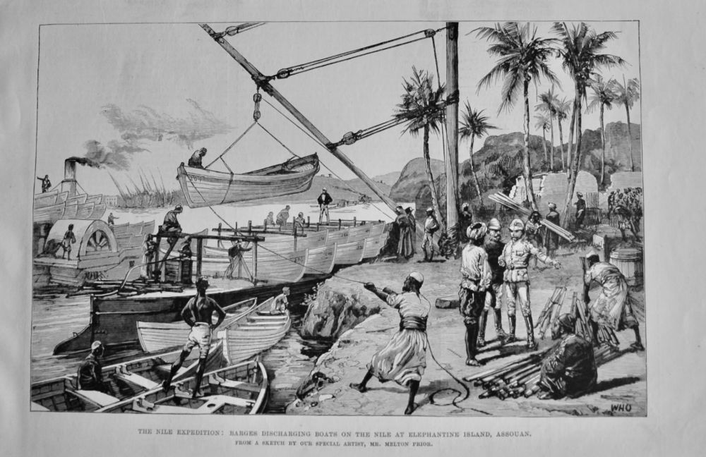 The Nile Expedition : Barges Discharging Boats on the Nile at Elephantine Island, Assouan.  1884.