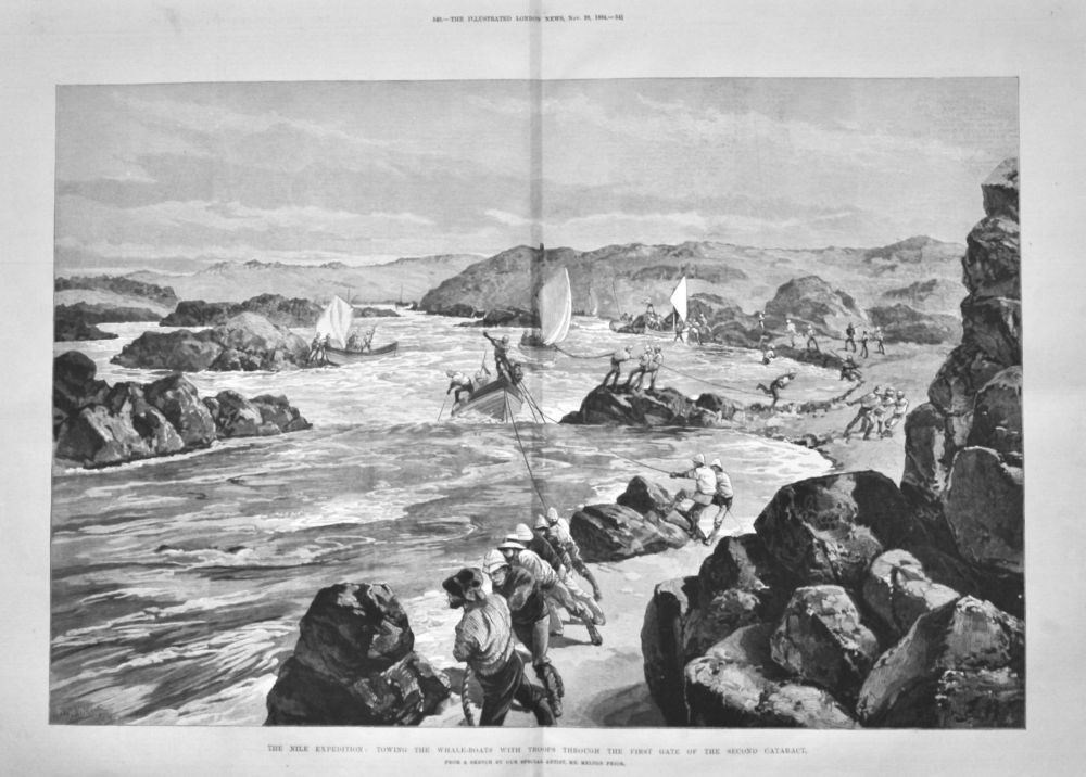 The Nile Expedition : Towing the Whale-Boats with Troops through the First Gate of the Second Cataract.  1884.