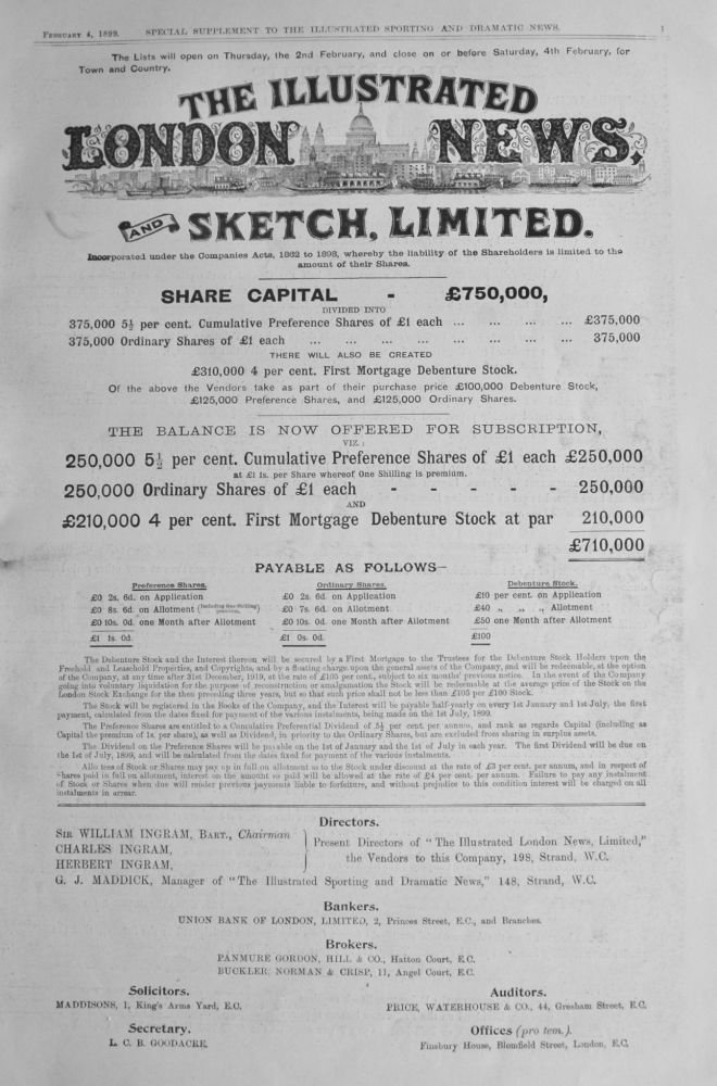 The Illustrated London News, and Sketch Limited : Share Capital offered for Subscription.  1899.