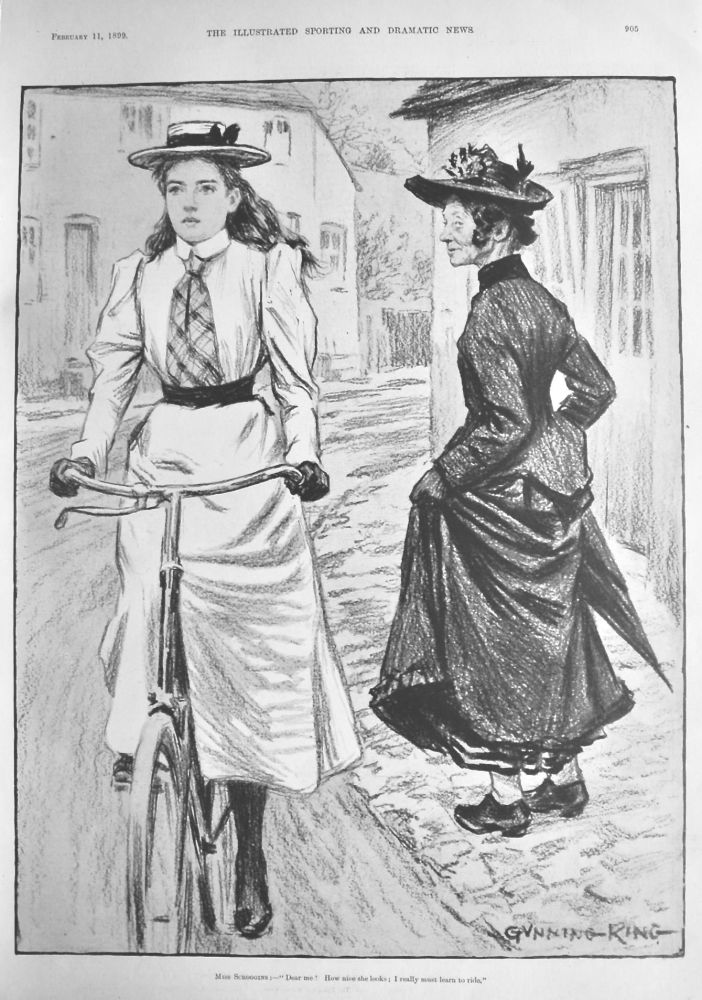 Miss Scroggins :-"Dear me !  How nice she looks ;  I really must learn to ride."  1899.