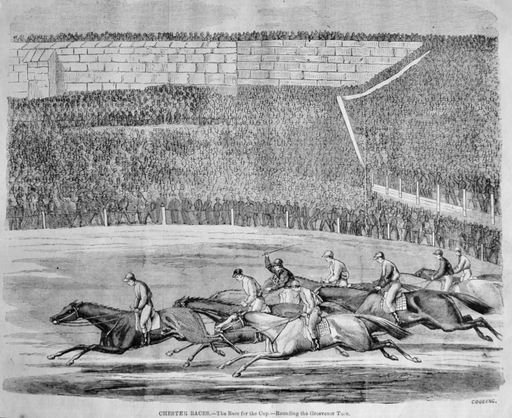 Chester Races.- The Race for the Cup.-Rounding the Grosvenor Turn. 1866.