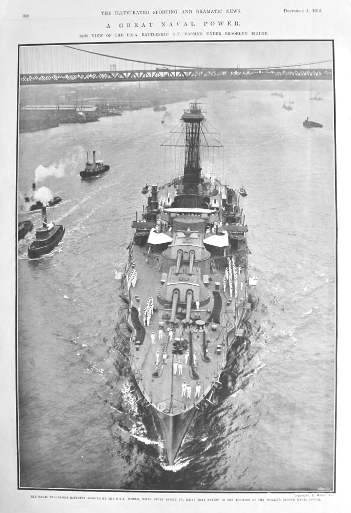 A Great Naval Power : Bow View of the U.S.A. Battleship N.Y.  Passing under Brooklyn Bridge.  1915.