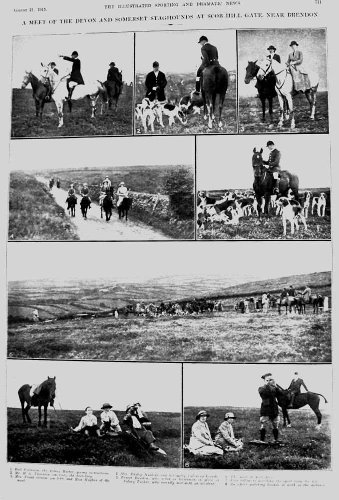 A Meet of the Devon and Somerset Staghounds at Scob Hill Gate, near Brendon.  1915.