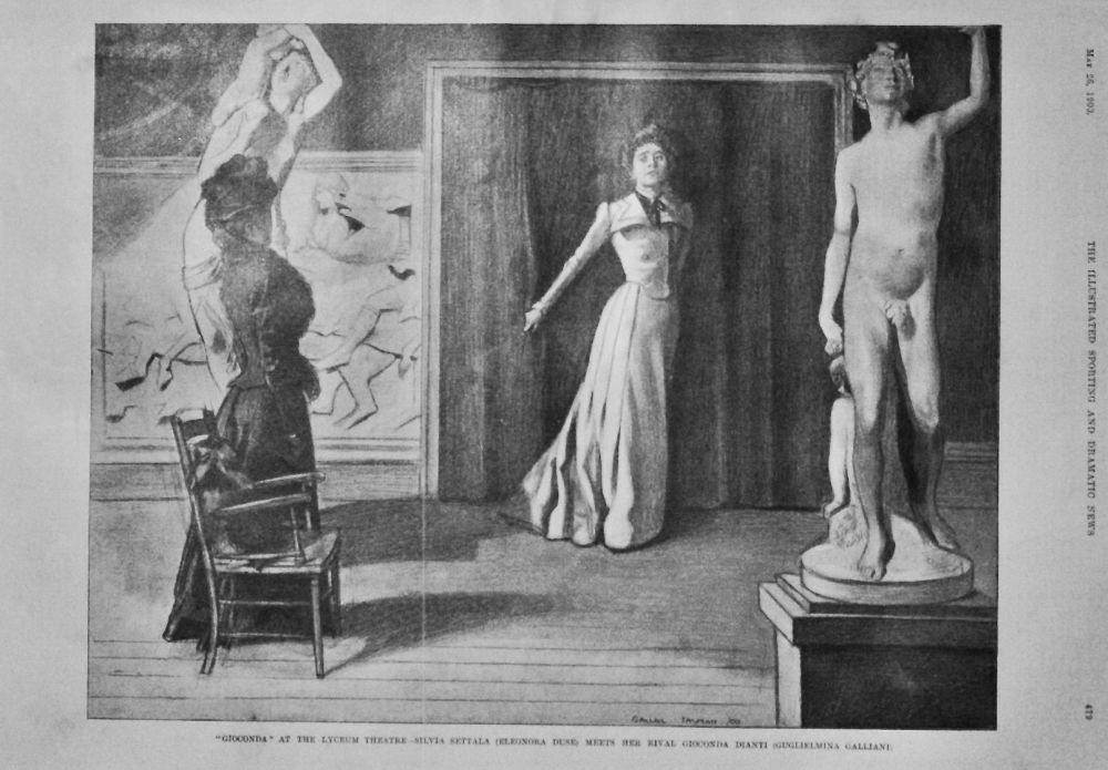 "Gioconda" at the Lyceum Theatre Silvia Settala (Eleonora Duse) meets her Rival Gioconda Dianti  (Guglielmina Galliani).  1900.