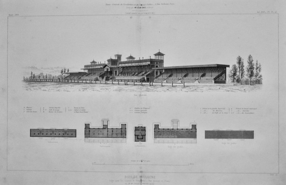 Bois de Boulogne. Loges pour les Courses de Longchamp__ Vue generale et Plans.  1868.