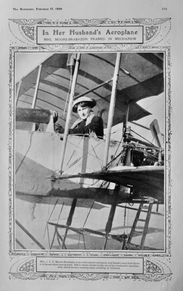 In Her Husband's Aeroplane : Mrs. Moore-Brabazon Framed in Mechanism.  1909.