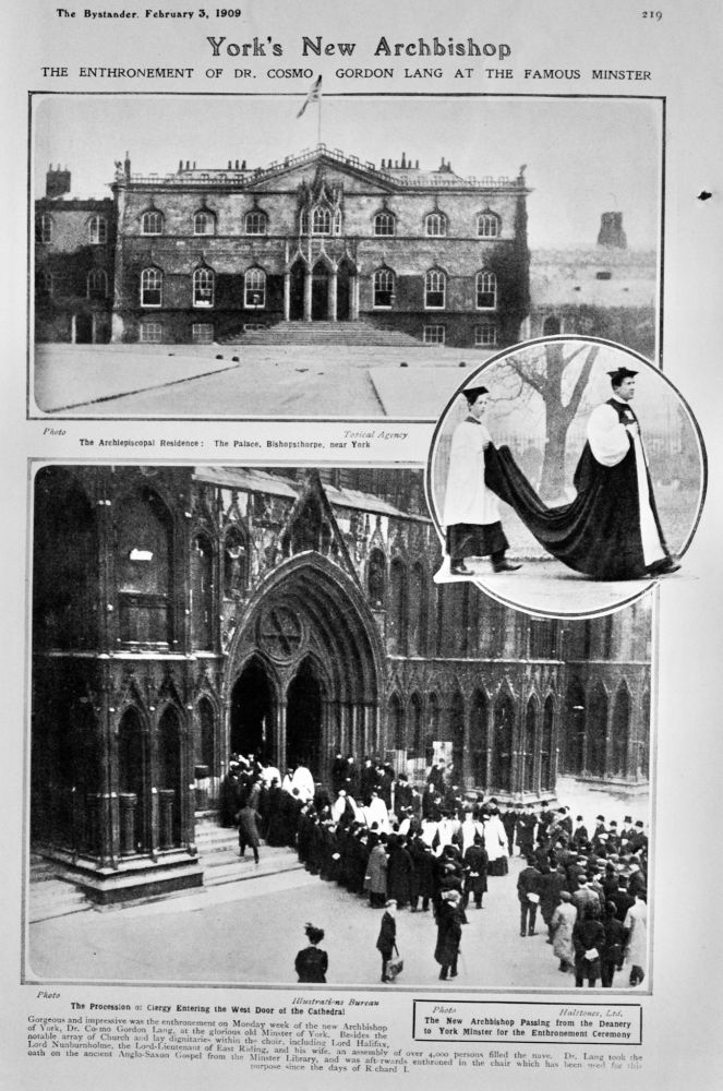 York's New Archbishop. The Enthronement of Dr. Cosmo Gordon Lang at the Famous mInster.  1909.