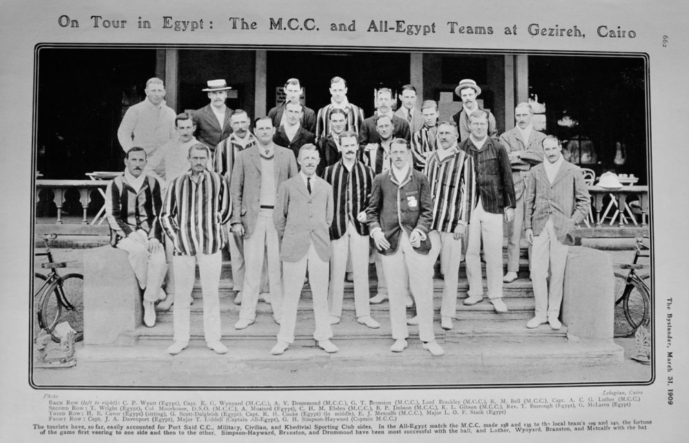 On Tour in Egypt :  The M.C.C. and All-Egypt Teams at Gezireh, Cairo.  1909