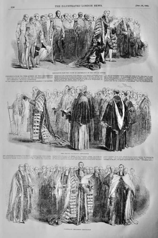 Presentation to the Queen of the Addresses from the City of London, and the Universities of Oxford and Cambridge, on Papal Aggression.  1850.