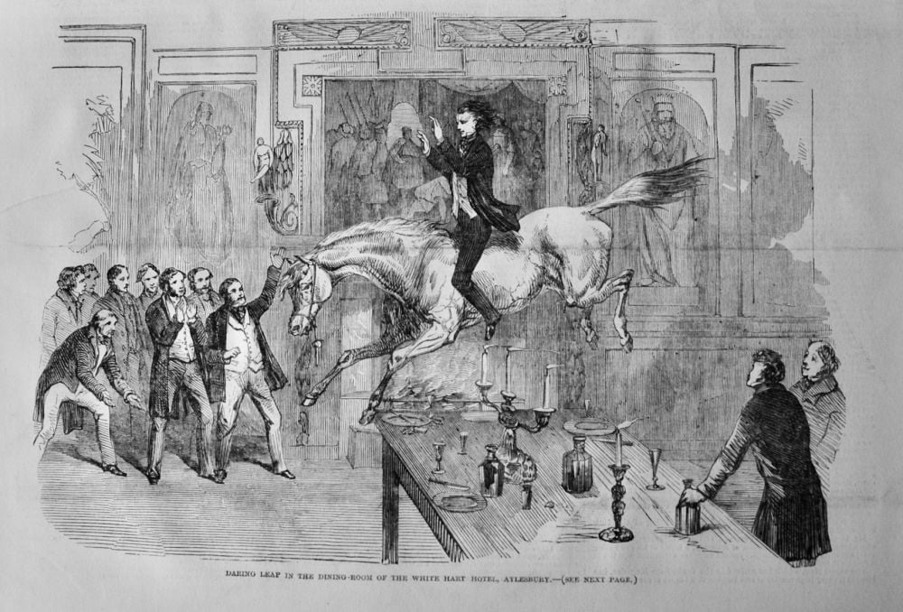 Daring Leap in the Dining-Room of the White Hart Hotel, Aylesbury.  1850.