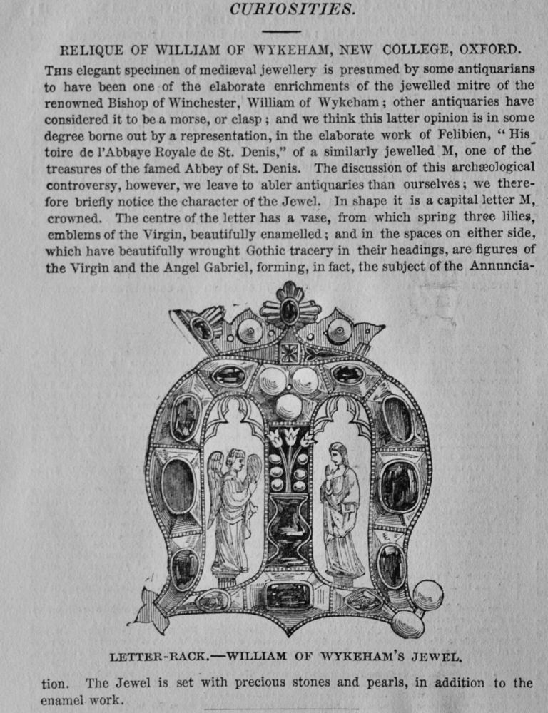 Curiosities :  Relique of William of Wykeham, New College, Oxford.  1850.