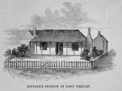 Settler's Hut in Port Phillip.  1850.