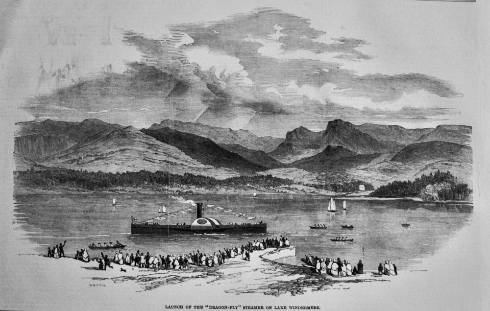 Launch of the "Dragon-Fly" Steamer on Lake Windermere.  1850.