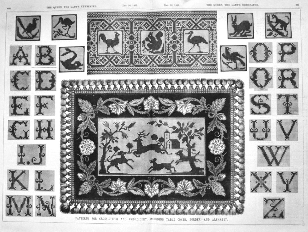 Patterns for Cross-Stitch and Embroidery, including Table Cover, Border, and Alphabet.  1882.