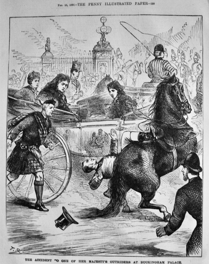The Accident to one of Her Majesty's Outriders at Buckingham Palace.  1882.