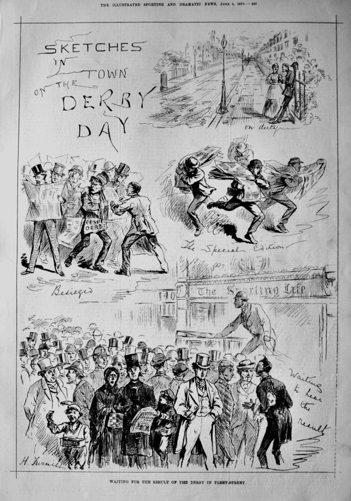 Sketches in On the Town Derby Day. :  Waiting for the Result of the Derby in Fleet-Street.   1875.