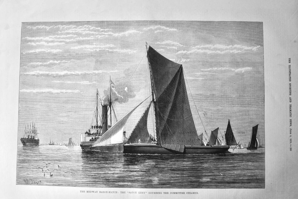 The Medway Barge-Match :  The "Saucy Kent" Rounding the committee Steamer.  1875.