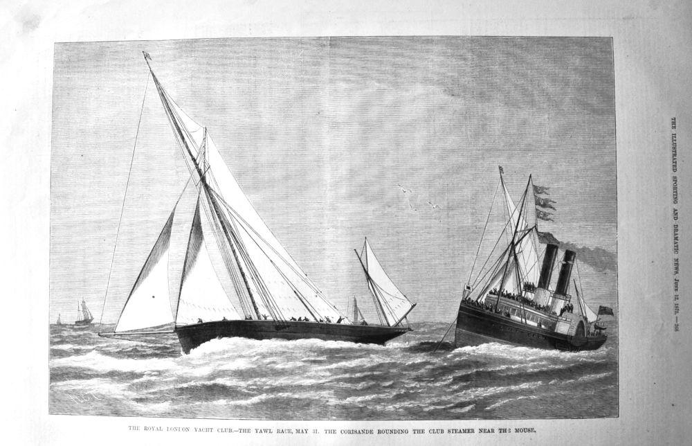 The Royal London Yacht Club.- The Yawl Race, May 31.  The Corisande Rounding the Club Steamer near the Mouse.  1875.