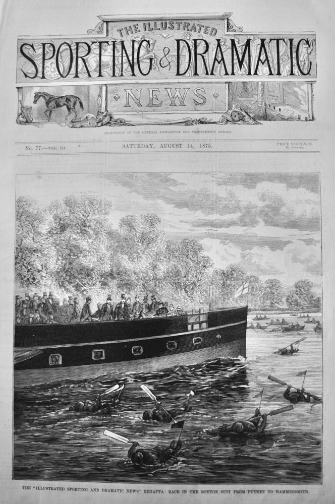 The "Illustrated Sporting and Dramatic News" Regatta :  Race in the Boyton Suit from Putney to Hammersmith.  1875.