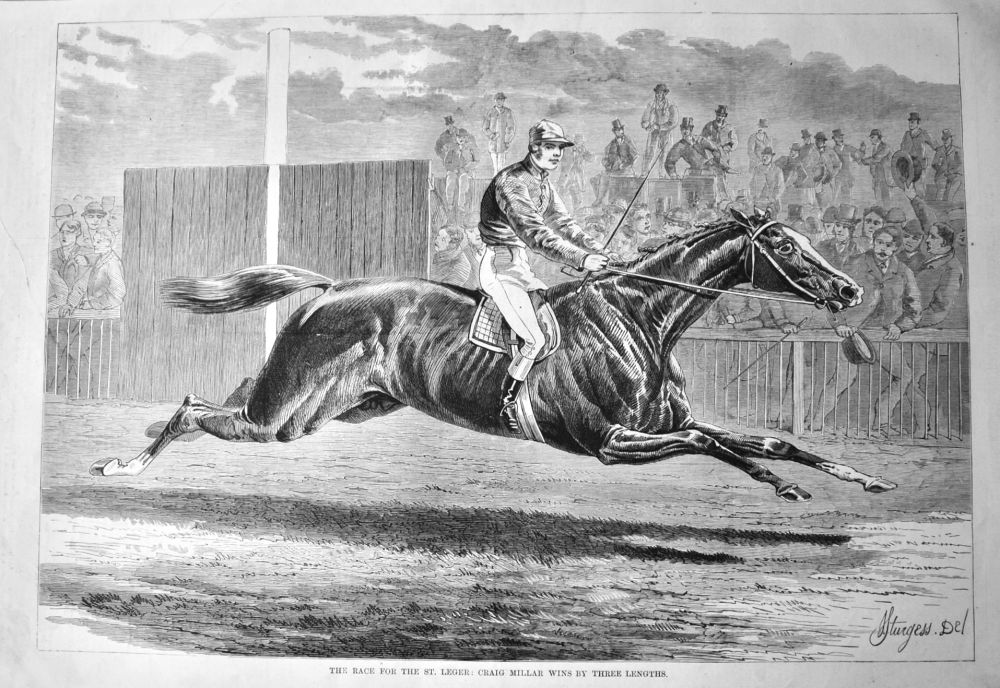 The Race for the St. Leger :  Craig Millar wins by Three Lengths.  1875.
