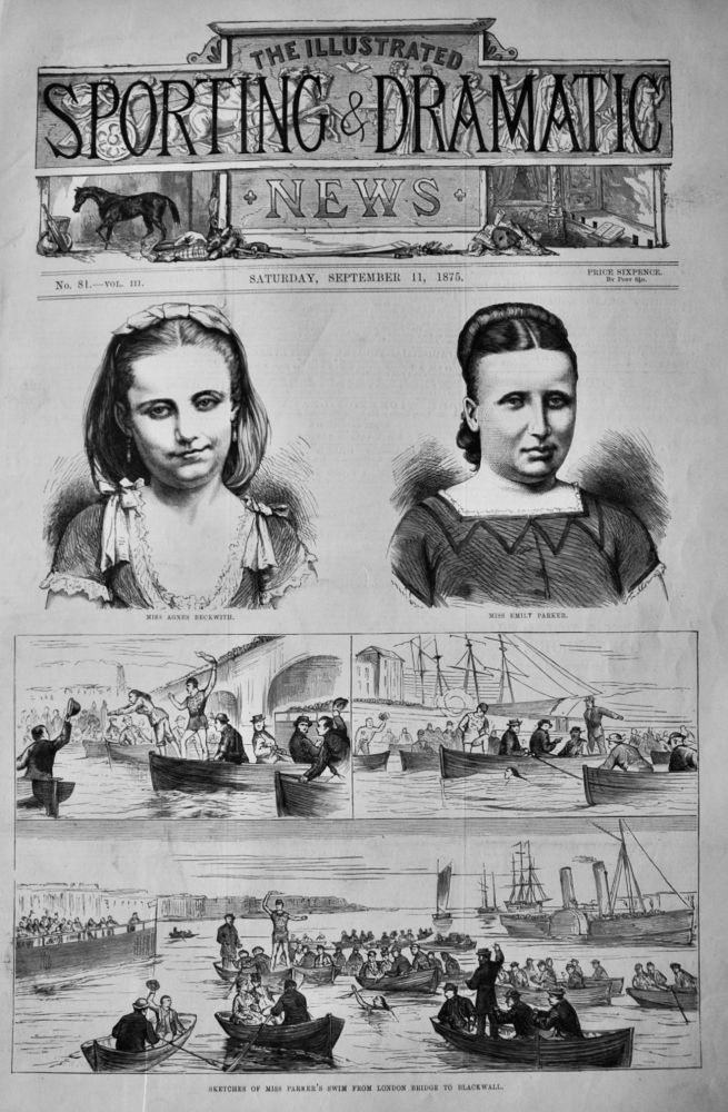 Sketches of Miss Parker's Swim from London Bridge to Blackwall.  1875.