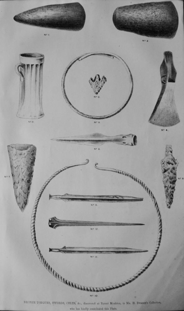 Bronze Torques, Swords,Celts, &c., discovered at Tarent Monkton. in Mr. H. Durden's collection, who has kindly contributed this plate. 1860c.