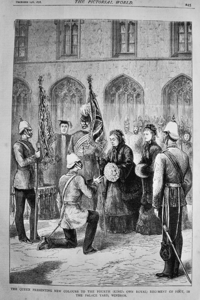 The Queen Presenting New Colours to the Fourth (King's Own Royal) Regiment of Foot, in the Palace Yard, Windsor.  1878.