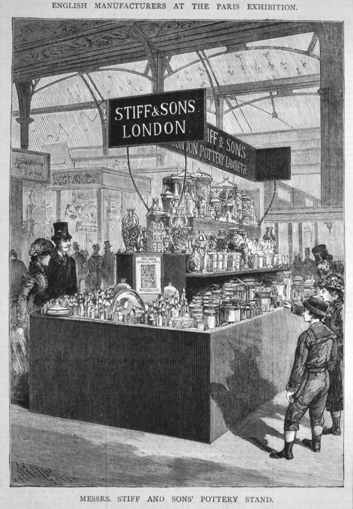 English Manufacturers at the Paris Exhibition : Messrs. Stiff and Sons' Pottery Stand.  1878.