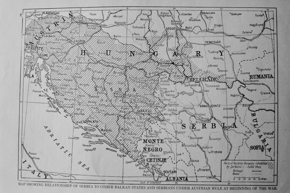 Map Showing Relationship of Serbia to other Balkan States and Serbians under Austrian Rule at Beginning of War.  1914 - 1918.