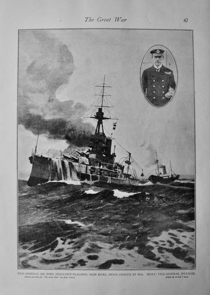 Vice-Admiral Sir John Jellicoe's Flagship, Iron Duke, being Coaled at Sea.  Inset :  Vice Admiral Jellicoe. (1914 - 1918 War.)