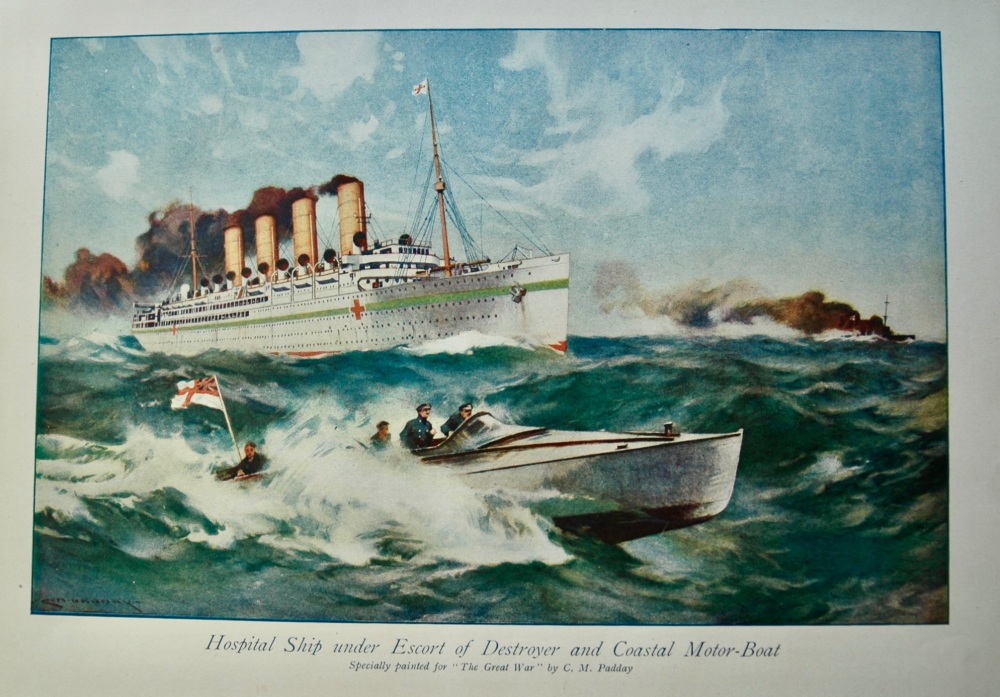 Hospital Ship under Escort of Destroyer and Coastal Motor-Boat.  (1914 - 1918  War.)