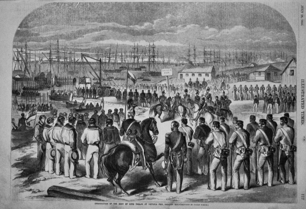 Embarkation of the Body of Lord Raglan at Victoria Pier, Kazatch Bay.  1855.