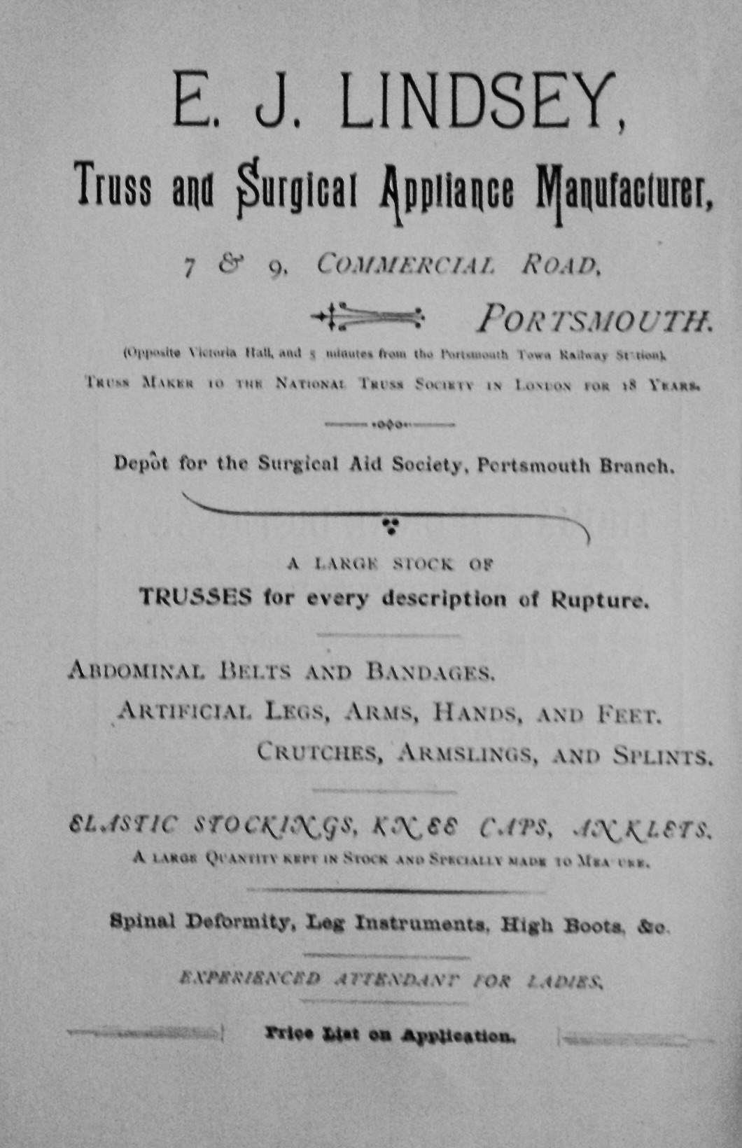 E. J. Lindsey, Truss and Surgical Appliance Manufacturer, 7 & 9 Commercial 